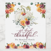 Burgundy Floral Autumn Pumpkin Thanksgiving Wijn Etiket (Enkel label)