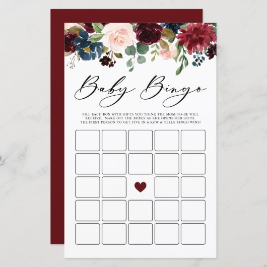 Burgundy Floral Baby Bingo Baby shower Game (Voorkant / Achterkant)