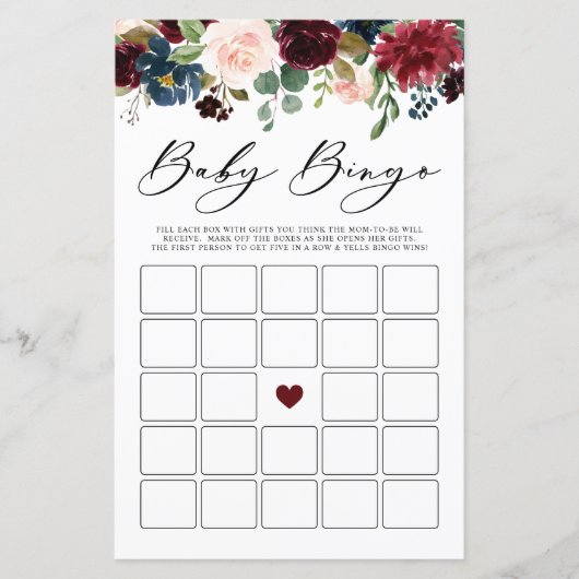 Burgundy Floral Baby Bingo Baby shower Game (Voorkant)