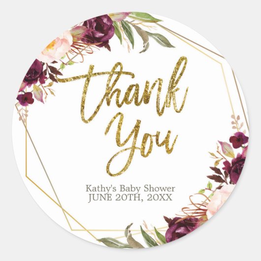 Burgundy Floral Baby shower Dank je wel Ronde Sticker (Voorkant)