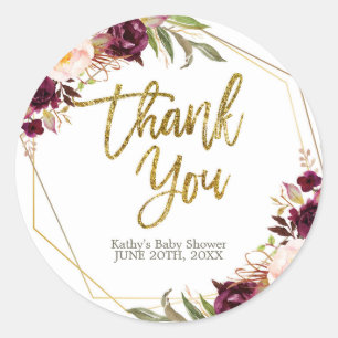Burgundy Floral Baby shower Dank u wel Ronde Sticker
