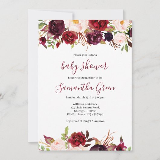 Burgundy Floral Baby Shower Kaart (Voorkant)