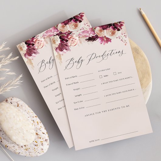 Burgundy Floral Baby Shower Predictions Game Sheet Flyer