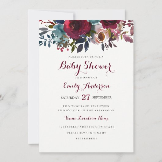 Burgundy Floral Baby shower Uitnodiging (Voorkant)
