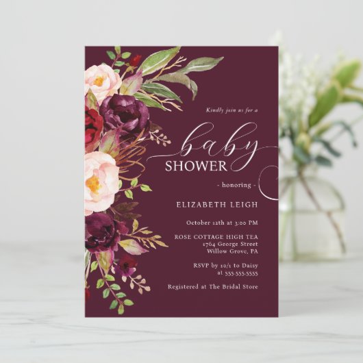 Burgundy Floral Baby shower Uitnodiging (Staand voorkant)