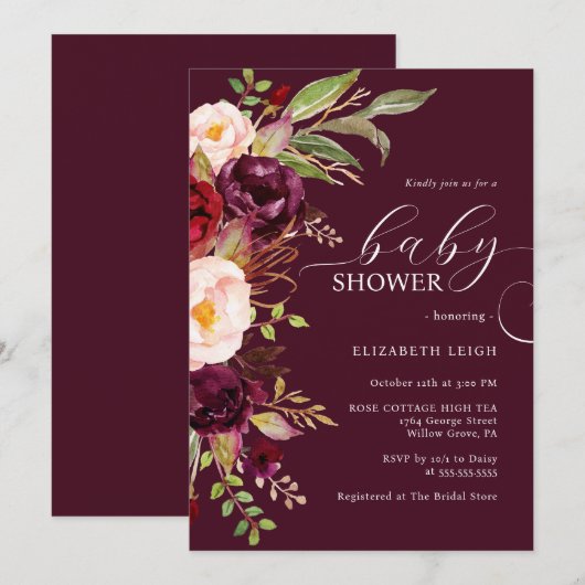Burgundy Floral Baby shower Uitnodiging (Voorkant / Achterkant)