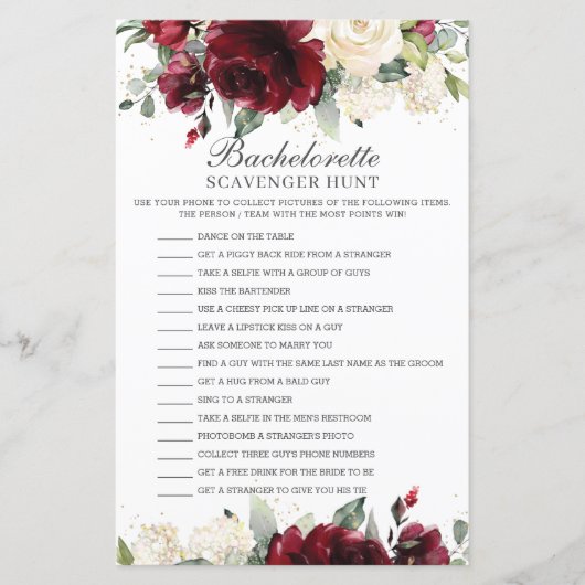 Burgundy Floral Bachelorette Scavenger Hunt Game (Voorkant)