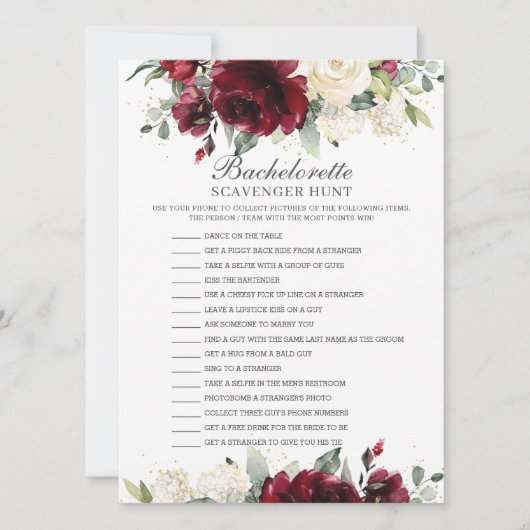 Burgundy Floral Bachelorette Scavenger Hunt Game Kaart (Voorkant)