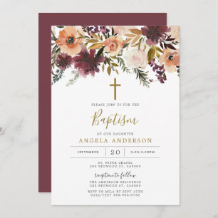 Burgundy Floral Baptism/Christening Uitnodiging