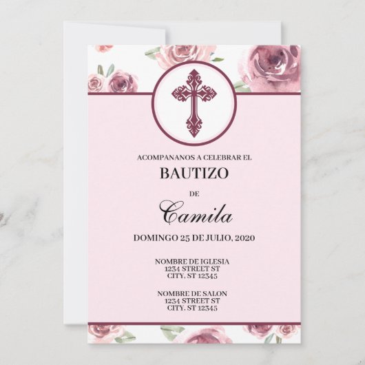 BURGUNDY FLORAL BAPTISM INVITATION KAART (Voorkant)