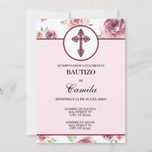 BURGUNDY FLORAL BAPTISM INVITATION KAART