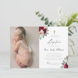 Burgundy Floral Baptism-uitnodiging met foto Kaart