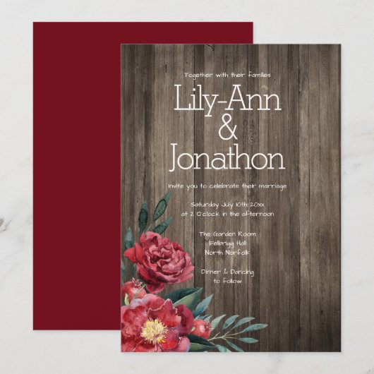 Burgundy Floral Barn Wood Rustic Wedding Kaart (Voorkant / Achterkant)
