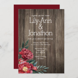 Burgundy Floral Barn Wood Rustic Wedding Kaart