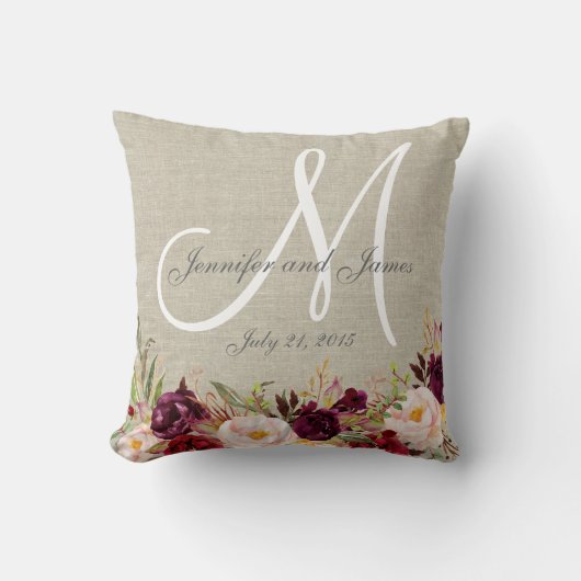 Burgundy Floral Beige Linen Monogram Weddenschap Kussen (Voorkant)
