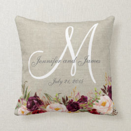 Burgundy Floral Beige Linen Monogram Weddenschap Kussen