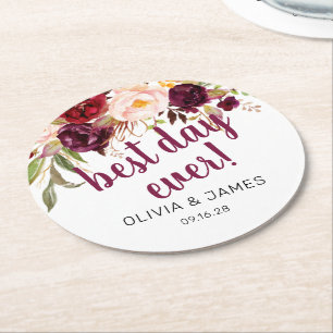 Burgundy Floral Best Day Ever Wedding Favor Ronde Kartonnen Onderzetter