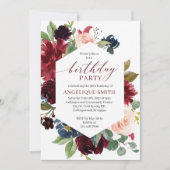 Burgundy Floral Birthday Invitation Adult Kaart (Voorkant)