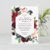 Burgundy Floral Birthday Invitation Adult Kaart (Staand voorkant)