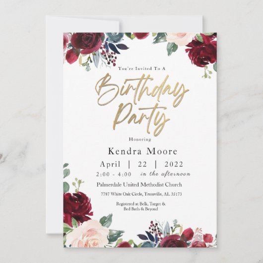 Burgundy Floral Birthday Party Invitation Kaart (Voorkant)