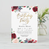 Burgundy Floral Birthday Party Invitation Kaart (Staand voorkant)
