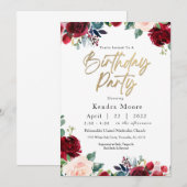 Burgundy Floral Birthday Party Invitation Kaart (Voorkant / Achterkant)