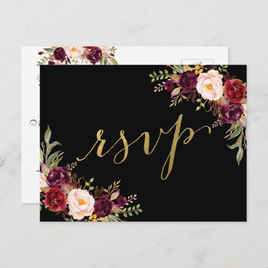 Burgundy Floral Black Faux Gold Foil Weddenschap R Uitnodiging Briefkaart (Voorkant / Achterkant)