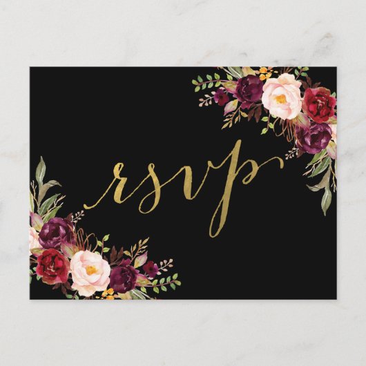 Burgundy Floral Black Faux Gold Foil Weddenschap R Uitnodiging Briefkaart (Voorkant)