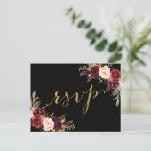 Burgundy Floral Black Faux Gold Foil Weddenschap R Uitnodiging Briefkaart (Staand voorkant)