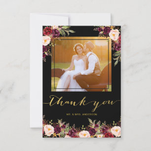 Burgundy Floral Black Gold Photo Weddenschap Harte Bedankkaart