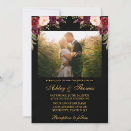 Burgundy Floral Black Gold Weduwfoto Kaart