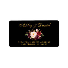 Burgundy Floral Black Gold Weduwingadres Etiket