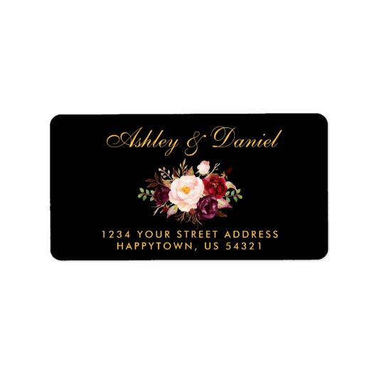 Burgundy Floral Black Gold Weduwingadres Etiket (Voorkant)