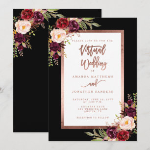 Burgundy Floral Black Roos Gold Virtual Wedding Kaart
