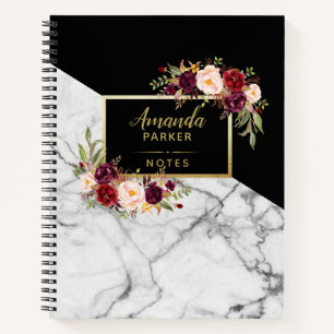 Burgundy Floral Black White Marble Designer Notes Notitieboek