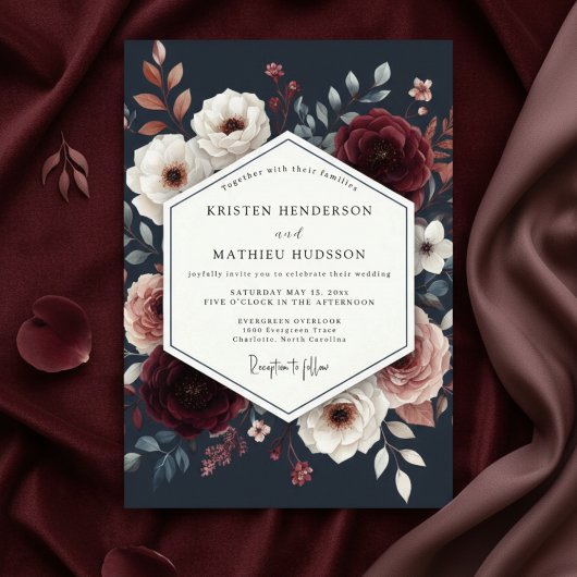 Burgundy Floral Bloom Wedding Kaart