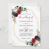 Burgundy Floral Blue Gold Modern Geometric Wedding Kaart (Voorkant)