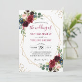 Burgundy Floral Blue Gold Modern Geometric Wedding Kaart (Staand voorkant)