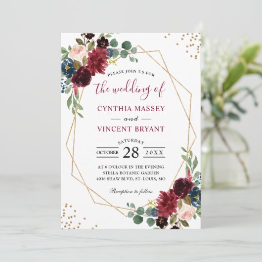 Burgundy Floral Blue Gold Modern Geometric Wedding Kaart (Staand voorkant)