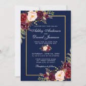 Burgundy Floral Blue Gold Photo Wedding Kaart (Voorkant)