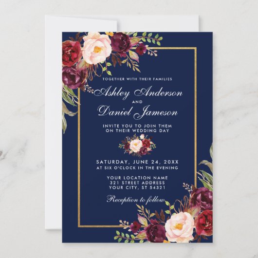 Burgundy Floral Blue Gold Photo Wedding Kaart (Voorkant)