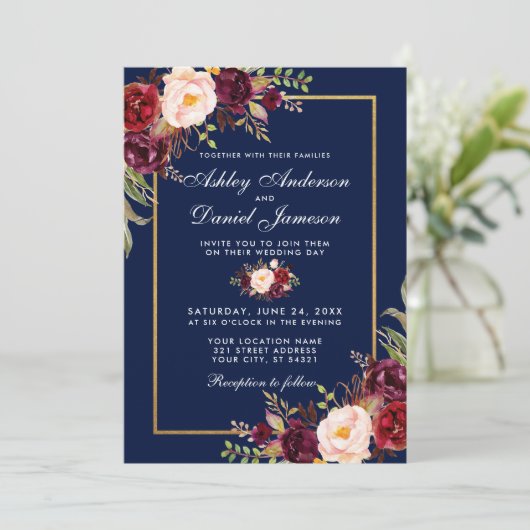 Burgundy Floral Blue Gold Photo Wedding Kaart (Staand voorkant)