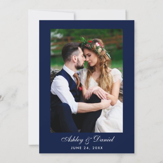 Burgundy Floral Blue Gold Photo Wedding Kaart (Achterkant)