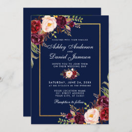 Burgundy Floral Blue Gold Photo Wedding Kaart