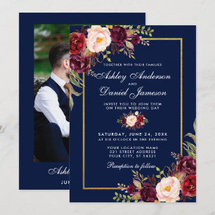 Burgundy Floral Blue Gold Photo Wedding Kaart