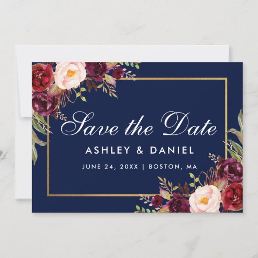 Burgundy Floral Blue Gold Save the Date (Voorkant)
