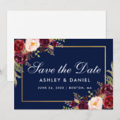Burgundy Floral Blue Gold Save the Date (Voorkant / Achterkant)