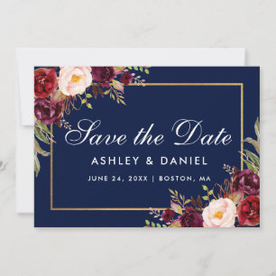 Burgundy Floral Blue Gold Save the Date