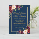Burgundy Floral Blue Gold Vrijgezellenfeest Invite Kaart (Staand voorkant)
