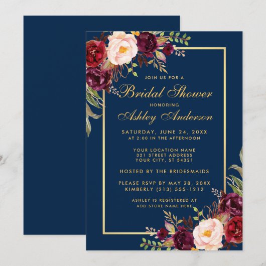 Burgundy Floral Blue Gold Vrijgezellenfeest Invite Kaart (Voorkant / Achterkant)